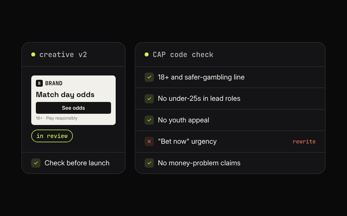 Neutral gambling banner in review beside a CAP Code checklist with one urgency line flagged for rewrite