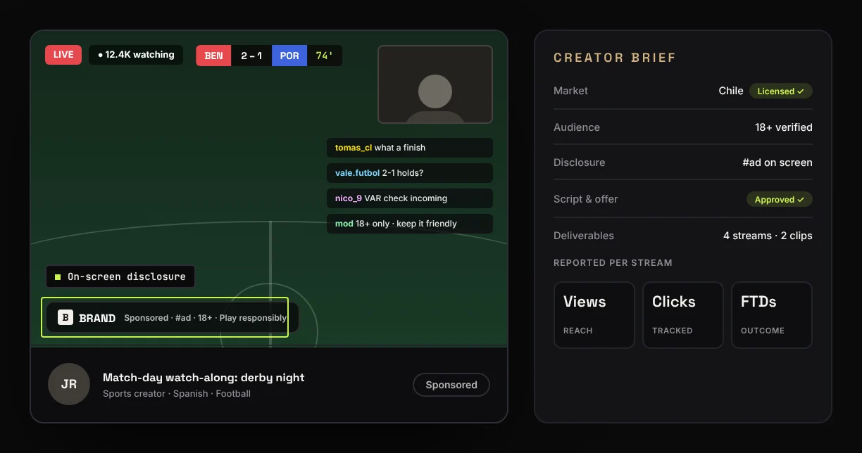 Demo sports creator campaign frame with a sponsorship disclosure and production checklist