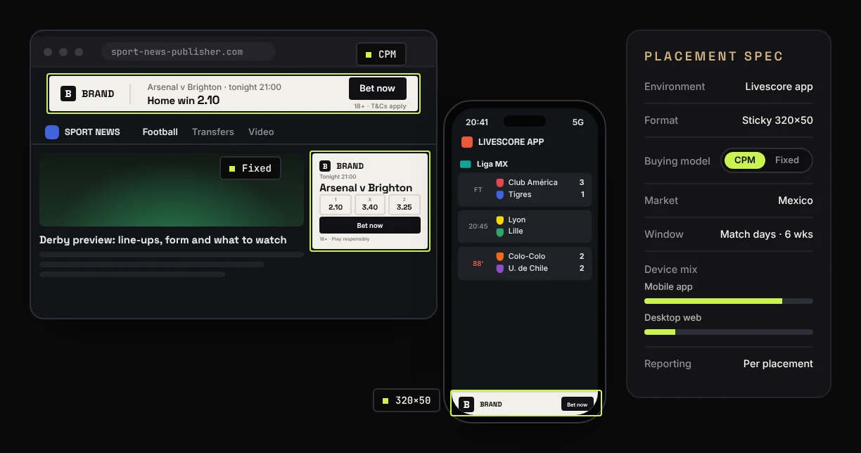 Demo sports score page showing leaderboard and MPU advertising placements with neutral brand creative