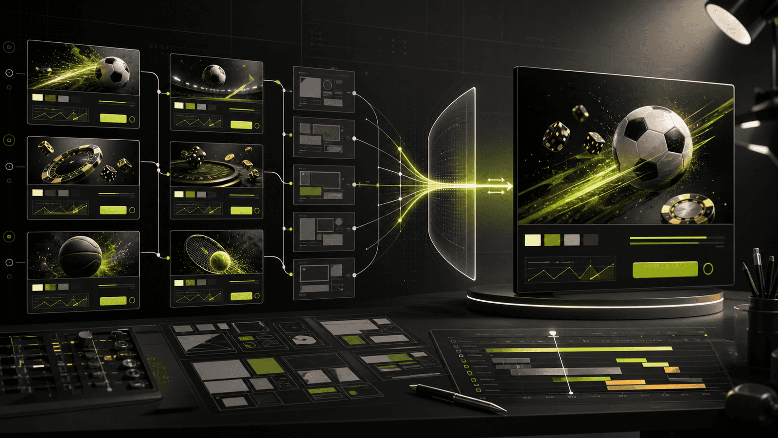 Dark creative studio showing multiple iGaming advertising concepts moving through a controlled test toward a refined final ad