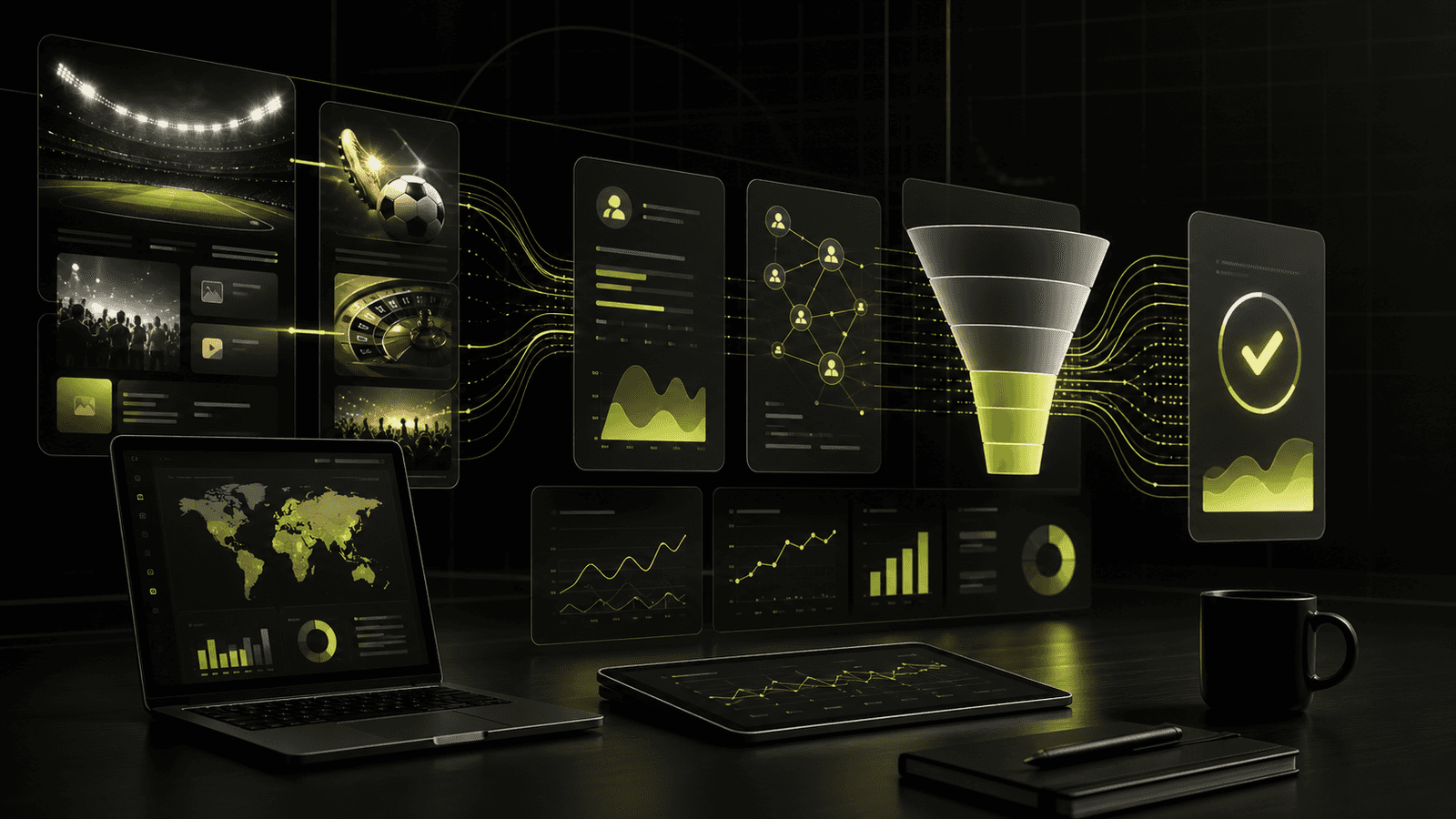 Dark analytics workspace showing an iGaming advertising funnel from publisher media to qualified conversions