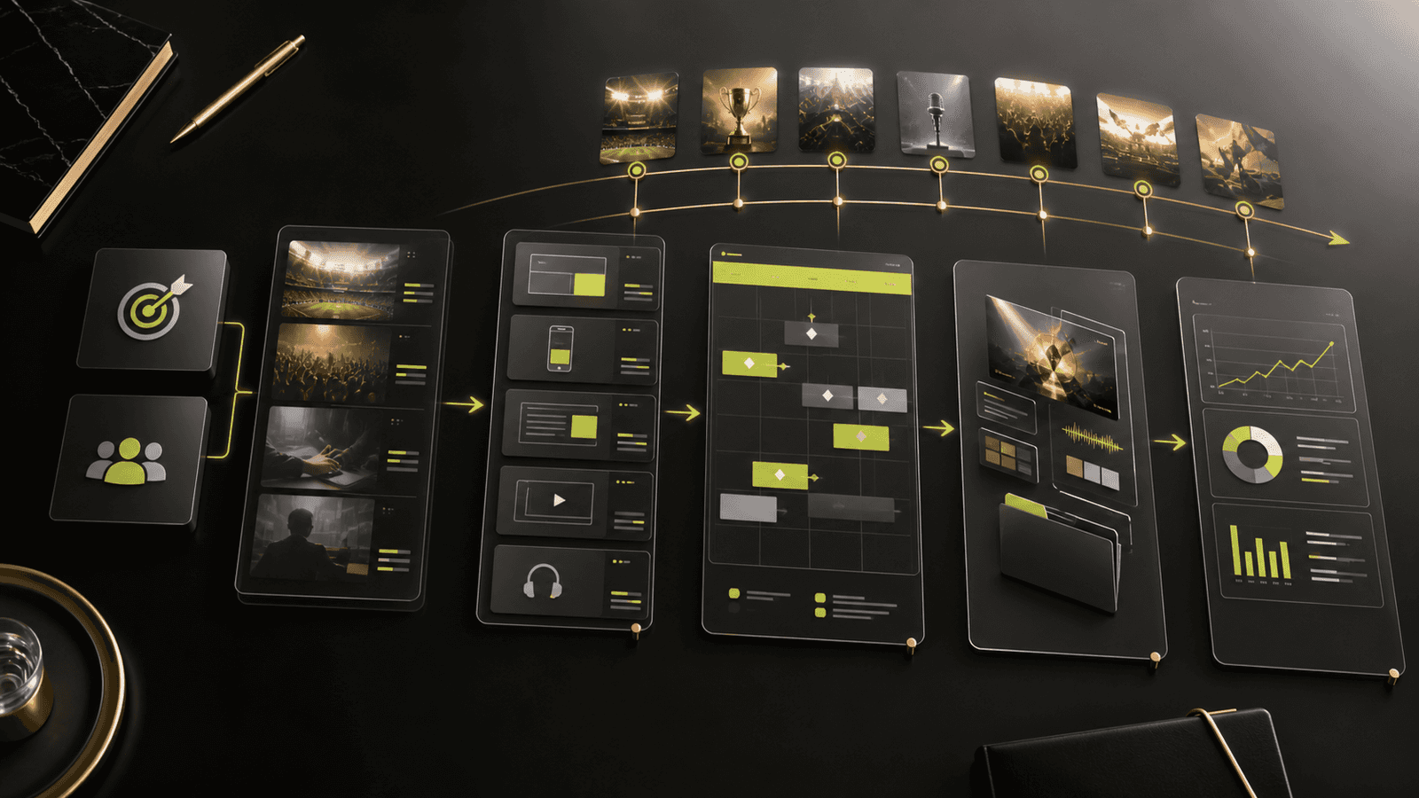 Dark premium campaign planning system connecting audience, placements, timeline, creative, and analytics