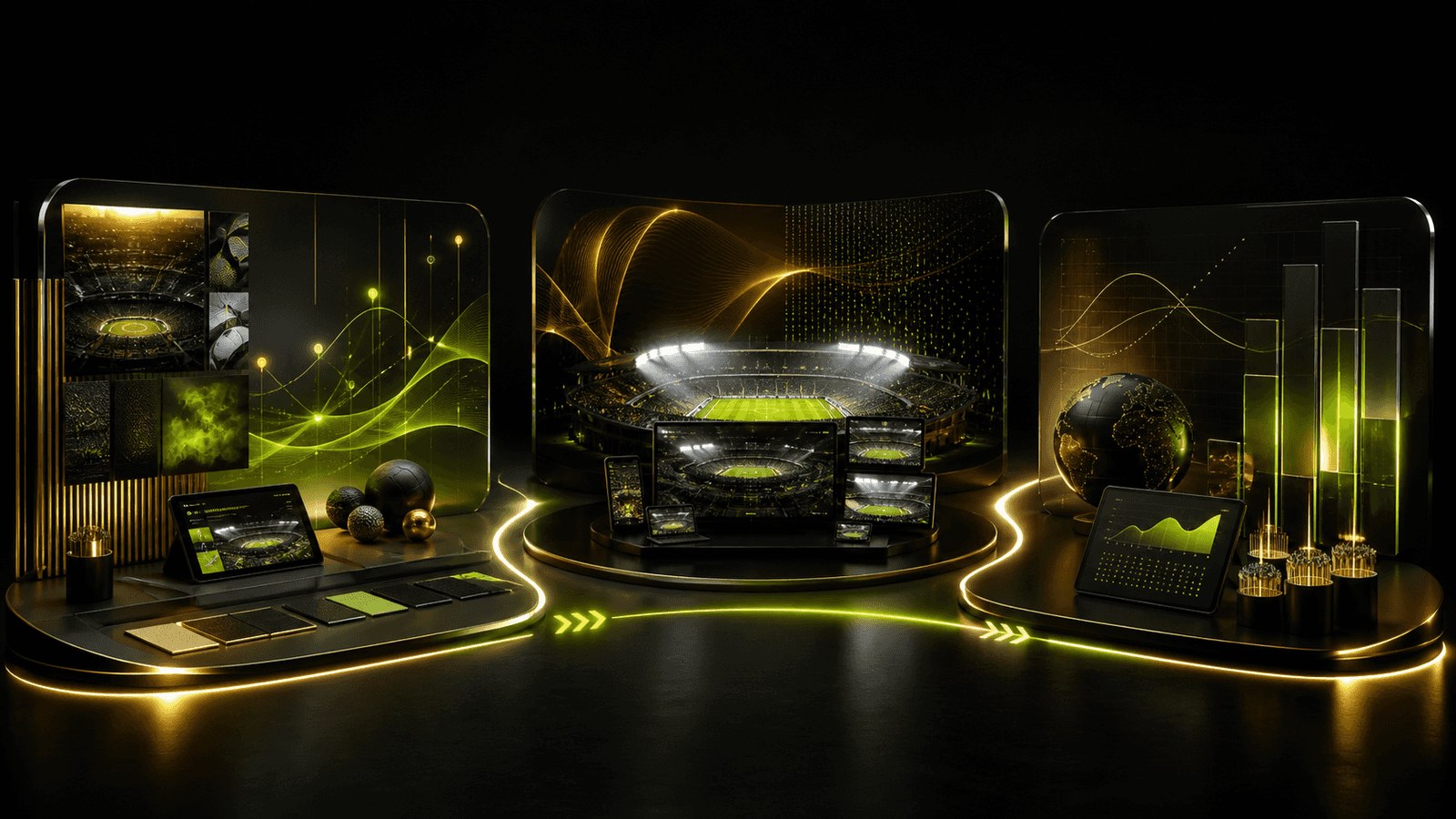 Three connected campaign stages showing sports audience buildup, live stadium media activation, and post-event measurement