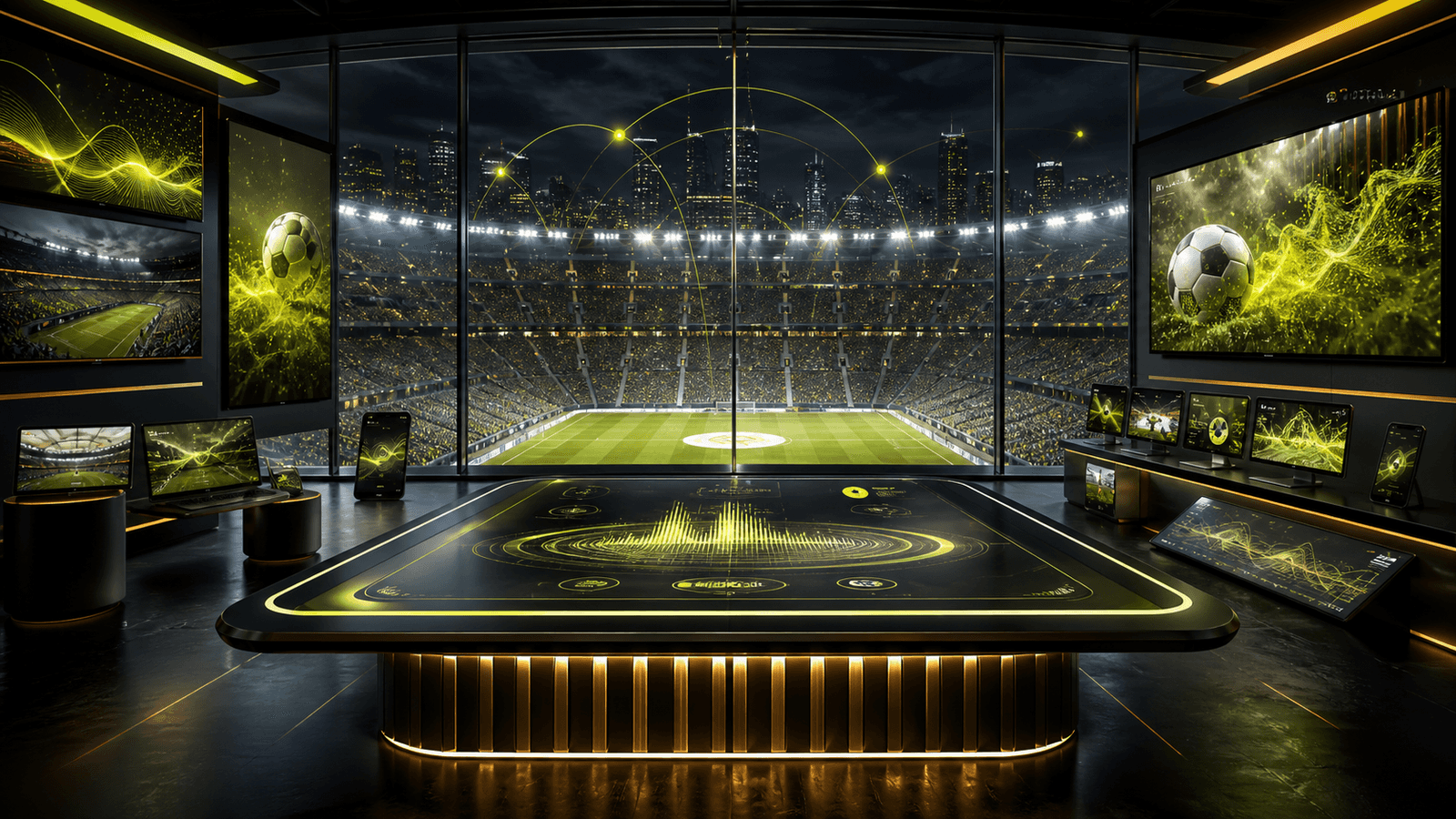 Nighttime football stadium campaign command center connecting publisher, mobile, video, and analytics surfaces