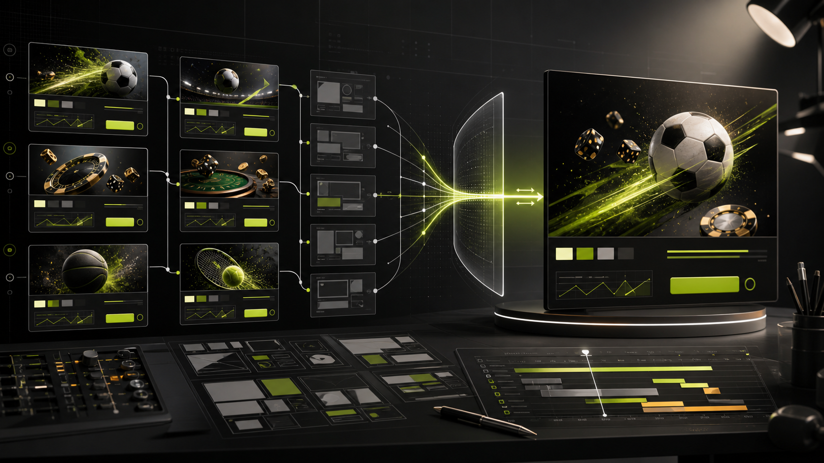 Dark creative studio showing multiple iGaming advertising concepts moving through a controlled test toward a refined final ad